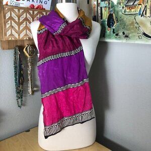 Vintage Estate Silk Scarf Women's Black White & Jewel Tones Tribal 60" x 12"